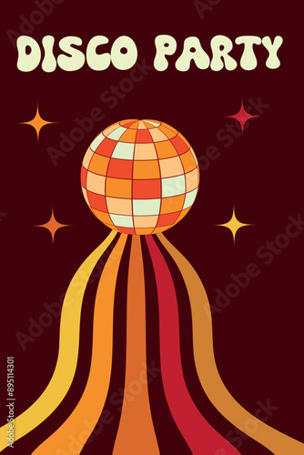 Disco Ball in orange, red and cream  with retro wavy lines and stars on dark red background. Vector illustration for posters and retro party invitations