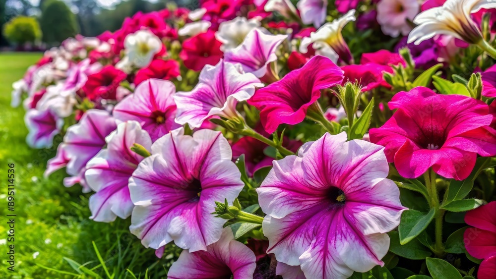 Pink and White Petunia Blooms in a Garden, Close Up, Lush Greenery, Flowers, Nature, Petunias