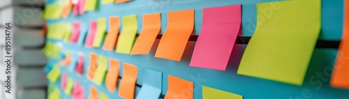 A closeup of sticky notes arranged in a checklist format on a wall, ideal for visual planning and organizing tasks. photo