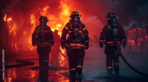 Firefighters Walking Away From Burning Building at Night