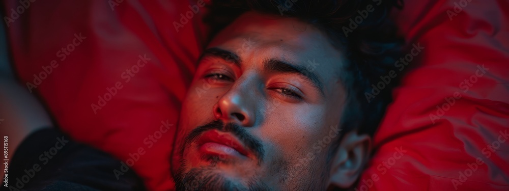 A man, face illuminated by a red light, lies in bed Red fabric shrouds his head with a blanket A man, face illuminated by a red light, lies in bed Red fabric shrouds his head with a blanket