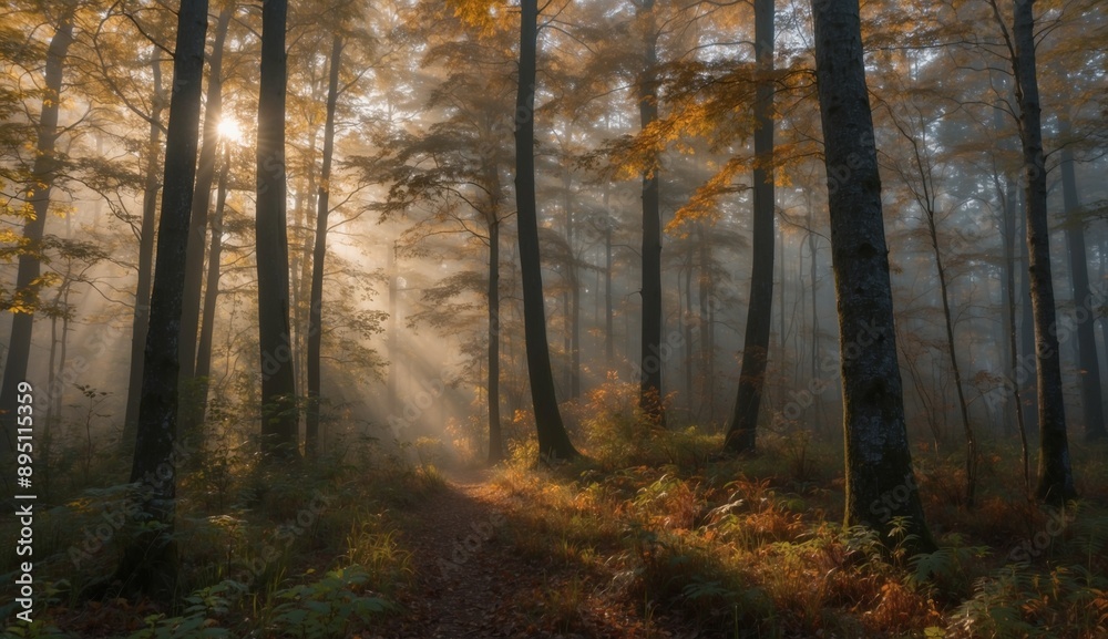 Obraz premium Sun rays filtering through the trees in an autumn forest.