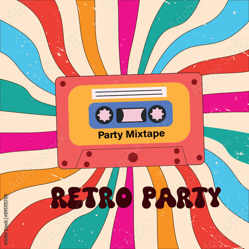 Retro Cassette Tape with colorful sunbursts featuring vintage texture. Vector illustration for posters, banners, party invitations, leaflet and brochures,
