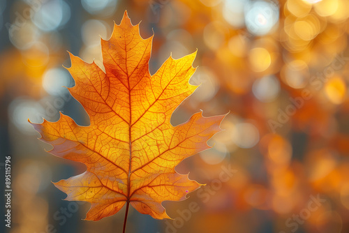 Sunlight filters through a solitary maple leaf its vibrant autumn hues stark against New Englands mossy forest floor