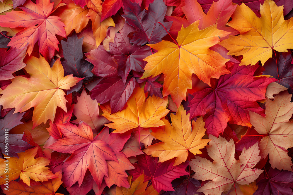 Vibrant red and yellow maple leaves pattern, top view Vibrant red and yellow maple leaves pattern, top view