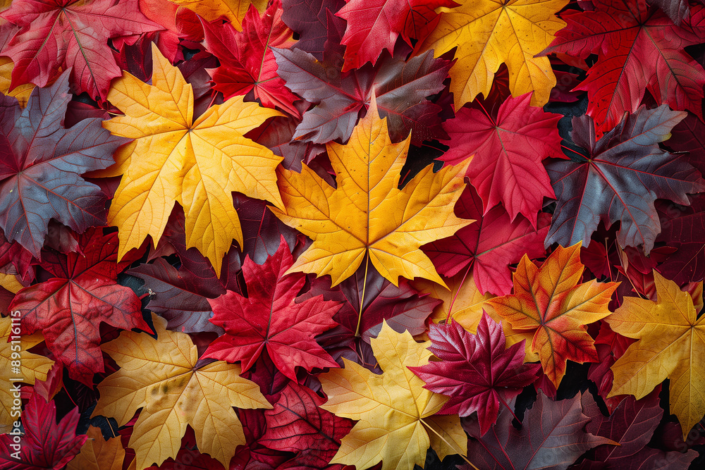 Vibrant red and yellow maple leaves pattern, top view Vibrant red and yellow maple leaves pattern, top view