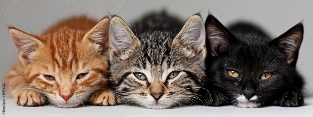 Group of cats seated beside one another on a white surface One feline gazes at the camera Group of cats seated beside one another on a white surface One feline gazes at the camera