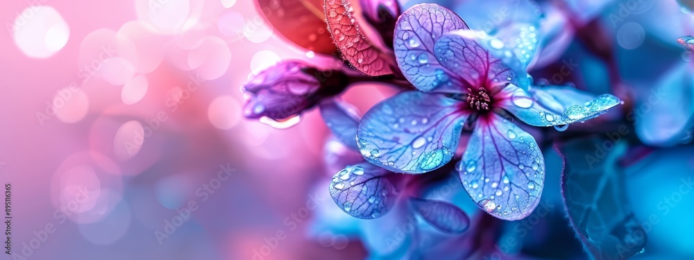 A tight shot of blooming flowers, adorned with water beads on petals - some pink, others blue A tight shot of blooming flowers, adorned with water beads on petals - some pink, others blue