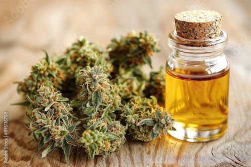 A bottle of cannabis oil sits on a wooden table next to a bunch of marijuana plants