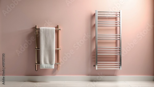 Towel Warmer on a Pink Wall, 3D Render, Bathroom Design, Chrome, Towel Rack, bathroom design, towel warmer photo