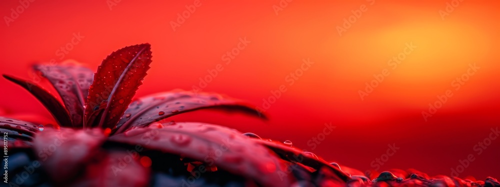 Close-up of a red flower with dewdrops on petals, against a vibrant red sky Close-up of a red flower with dewdrops on petals, against a vibrant red sky