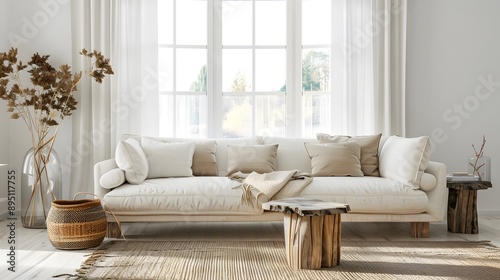 Living Room interior with a white sofa and a wooden table