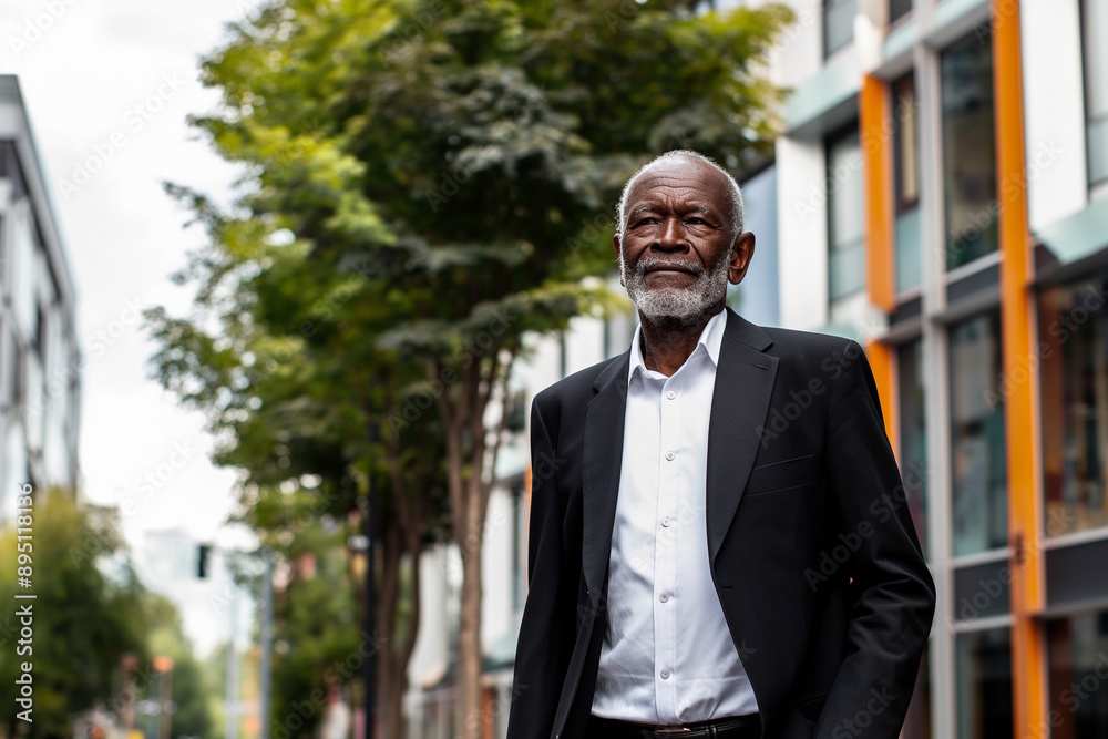 Elderly African American man in business attire walking in the city. Concept for urban senior life, confidence, and modernity Elderly African American man in business attire walking in the city. Concept for urban senior life, confidence, and modernity