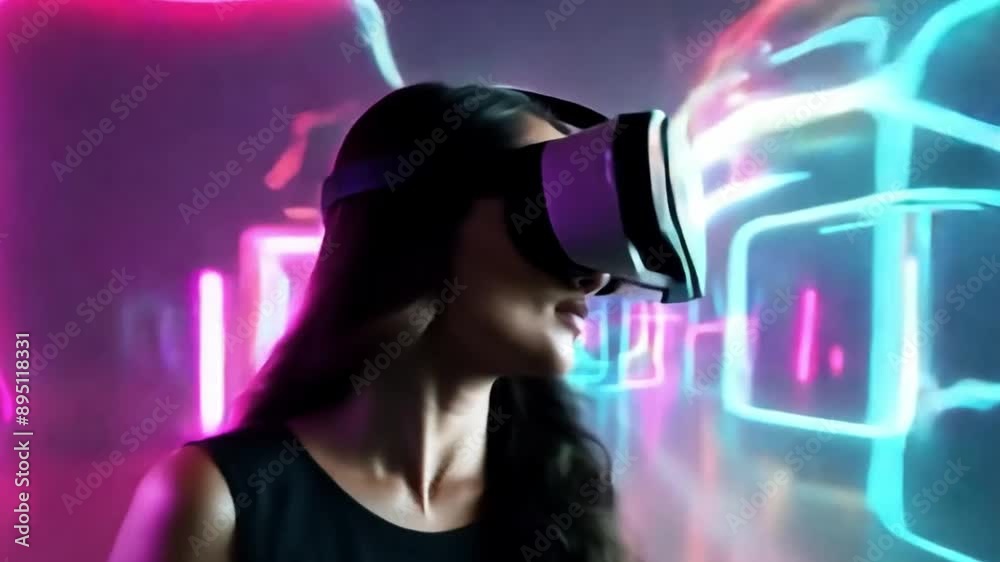 A woman wears a virtual reality headset, standing in a purple room lit by colorful lights. A woman wears a virtual reality headset, standing in a purple room lit by colorful lights.