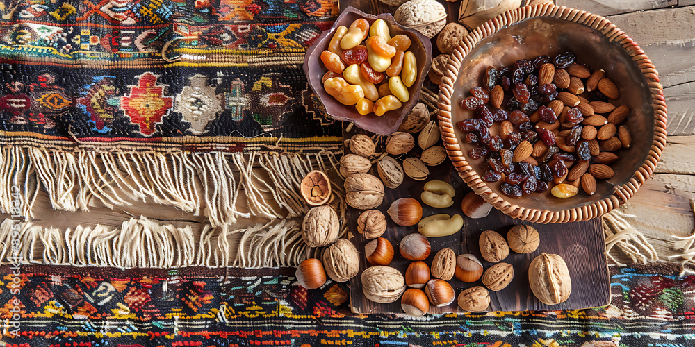Bohemian Woven Rug Assorted Nuts Dried Fruits Artistic Home Display ,printspace Bohemian Woven Rug Assorted Nuts Dried Fruits Artistic Home Display ,printspace