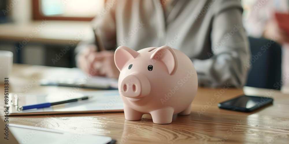 Piggy bank in form of pig on background of financial advisor who plans annual budget. Close up of piggy bank on table. Business, finance, investment, saving and corruption concept