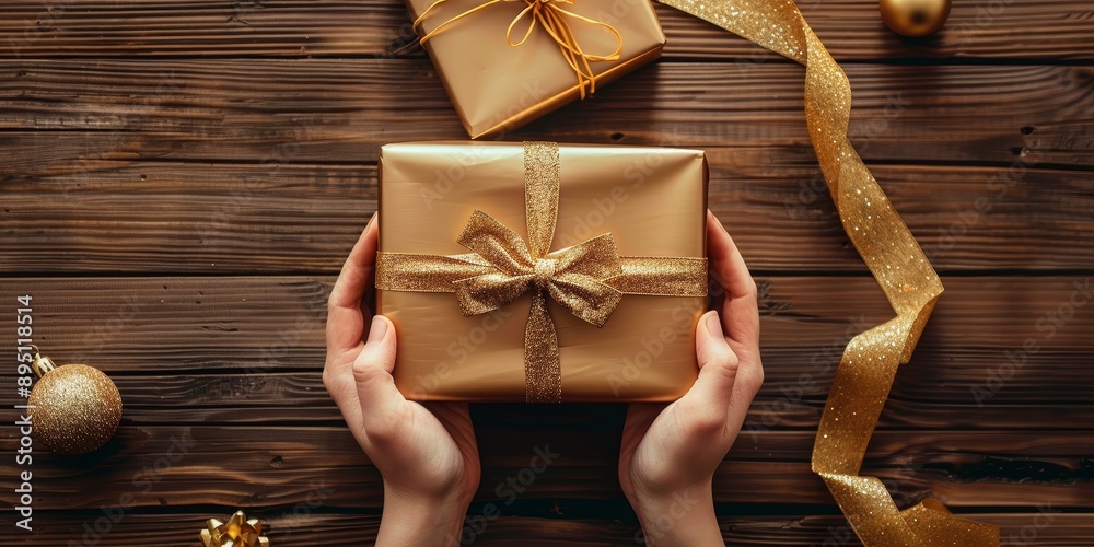Hands giving and receiving christmas gift box on a wooden background table. Luxury wrapped present with gold color ribbon and bow. Isolated, aesthetic and minimalist Hands giving and receiving christmas gift box on a wooden background table. Luxury wrapped present with gold color ribbon and bow. Isolated, aesthetic and minimalist