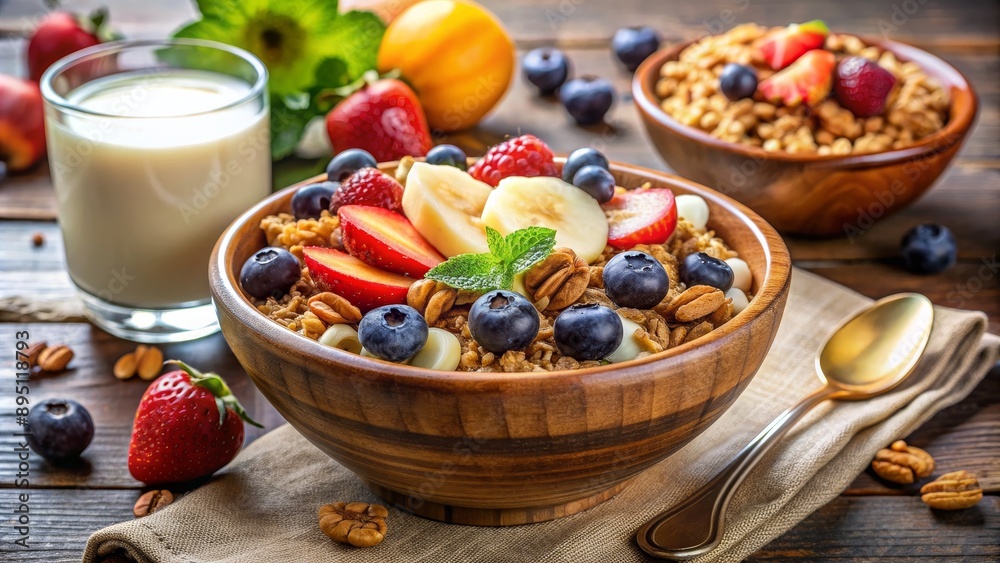 A Bowl of Granola with Berries, Banana and Pecans, granola, breakfast, healthy, food, bowl A Bowl of Granola with Berries, Banana and Pecans, granola, breakfast, healthy, food, bowl