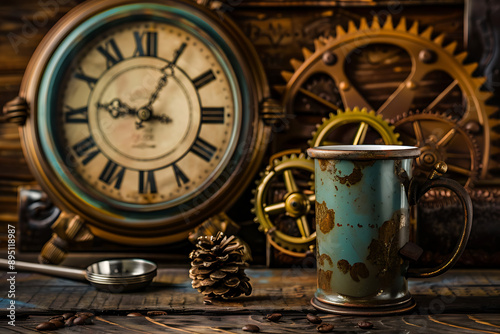 Steampunk Clock Brass Gears Artisan Coffee Mug Industrial Home Decor ,printspace