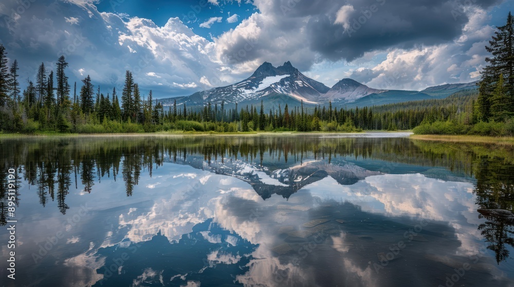A majestic mountain peak reflected in a still lake surrounded by lush green forests and a dramatic sky A majestic mountain peak reflected in a still lake surrounded by lush green forests and a dramatic sky