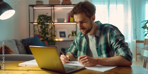 Portrait of a young business man in casual clothes working on a laptop computer at office or at home and writing at the desk making notes or calculations. Remote and freelance work concept