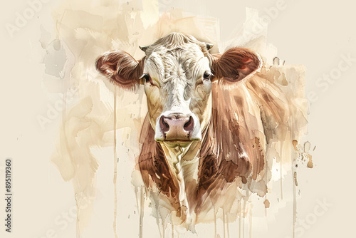 Watercolor painting of a cow's head with a rustic background