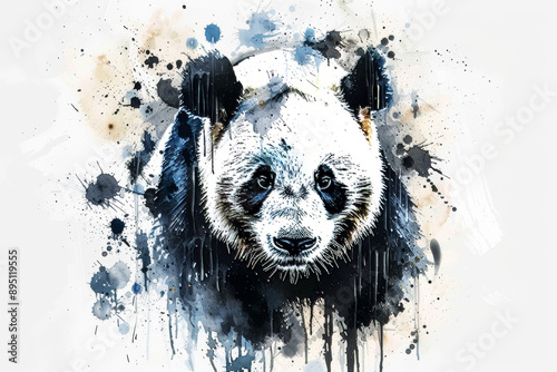Watercolor portrait of a panda with a monochromatic abstract background