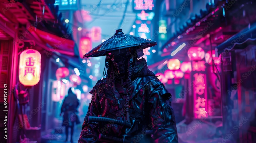 Futuristic street samurai in a neon-lit street market Futuristic street samurai in a neon-lit street market