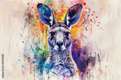 Watercolor illustration of a kangaroo, with colorful paint drips, abstract background, detailed fur and eyes