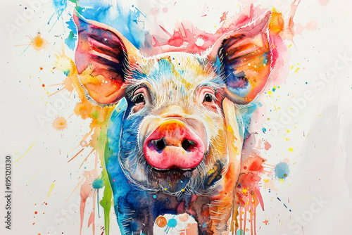 Watercolor illustration of a pig, surrounded by vivid splashes, expressive eyes, centered composition