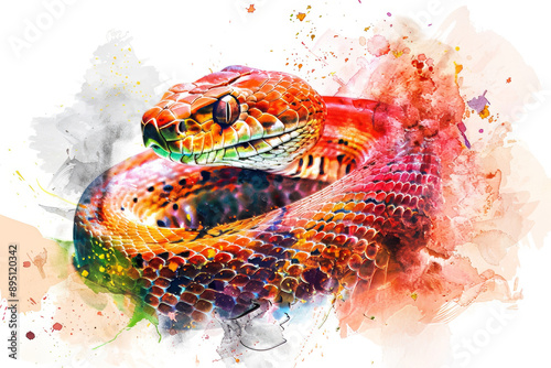 Watercolor illustration of a snake, surrounded by vivid splashes, coiled body, centered composition