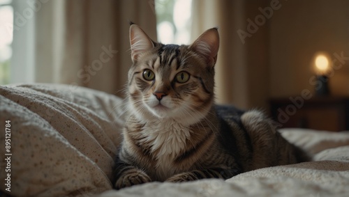 Wallpaper Mural Tranquil cat in bedroom with soft tones captures serene gracefulness in a delicate atmosphere. Torontodigital.ca
