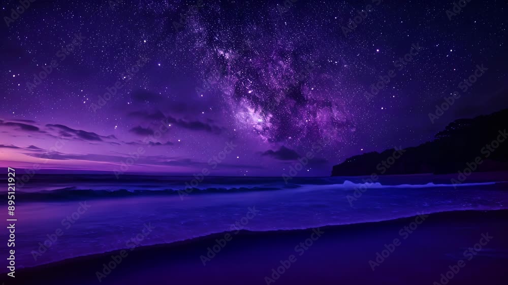 The sky is a deep shade of purple illuminated by the mysterious glow of the stars above the menacing beach at night. The sky is a deep shade of purple illuminated by the mysterious glow of the stars above the menacing beach at night.