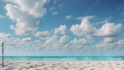 Tranquil tropical beach abstract texture for summer vacation concept with blue sky and white clouds.