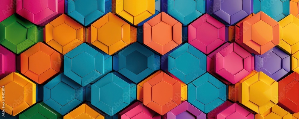 Vibrant hexagon mosaic in 3D with colorful patterns Vibrant hexagon mosaic in 3D with colorful patterns