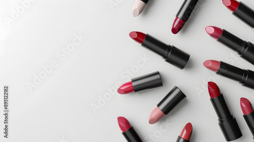 Pomade. Mockup of trendy colorful lipsticks isolated on white background. Makeup concept. Background Lipsticks Set of flowers. Red lipstick, pink lipstick