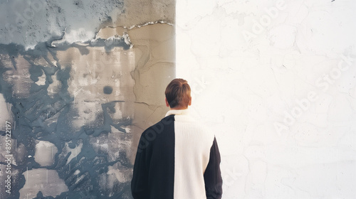Man standing infront of a Wall. Man facing the Wall. Space for interpretation. Copyspace. Template.
