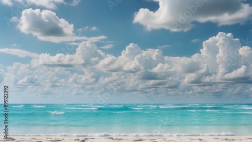 Tranquil tropical beach abstract texture for summer vacation concept with blue sky and white clouds.