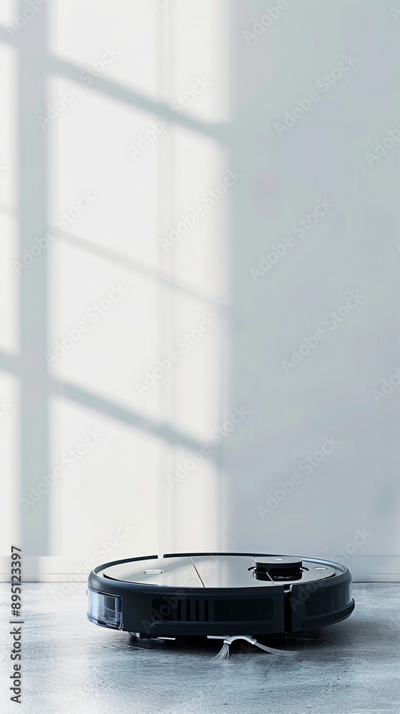 Robotic vacuum cleaner working on a minimalist gray floor, casting long window shadows in a serene, sunlit room with pale blue walls.