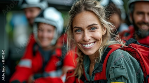 A Smiling Woman Wearing a Red Backpack Stands With a Team of People in a Forest Setting