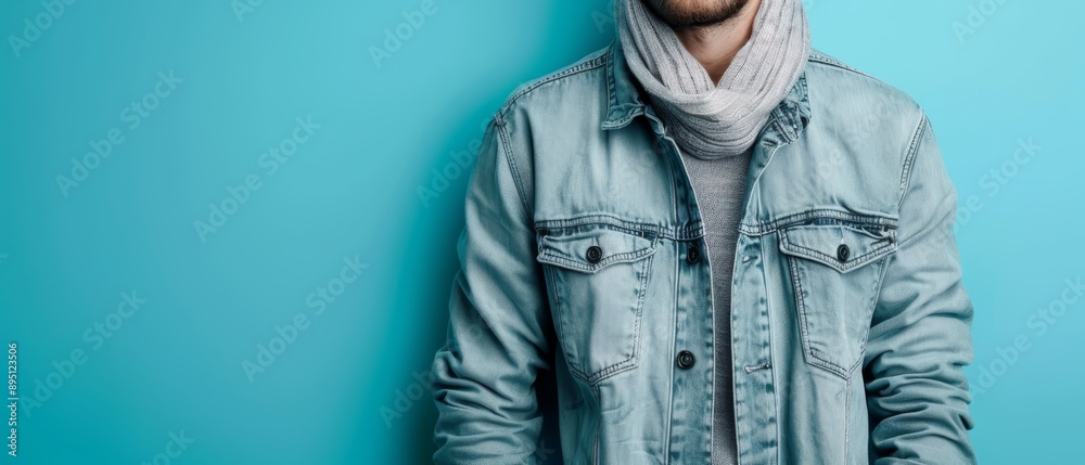 A man in a denim jacket and a scarf around his neck stands before a blue wall, the scarf repeated at his neck A man in a denim jacket and a scarf around his neck stands before a blue wall, the scarf repeated at his neck