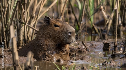 Capybara Relaxing in Mud Bath in Marshy Wetlands, Nature and Wildlife Photography photo