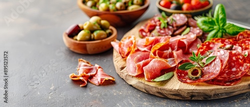  A wooden platter bearing meats and olives, accompanied by a knife and a backdrop of olive bowl