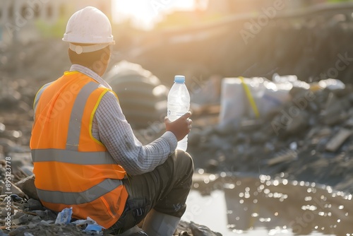Ia generated. Worker taking a break to quench the heat by drinking water.