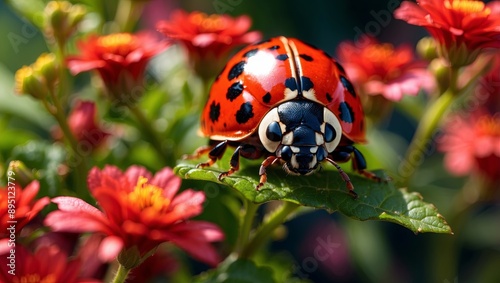 Vibrant red ladybug actively pollinating a flower amidst the blossoming spring season.