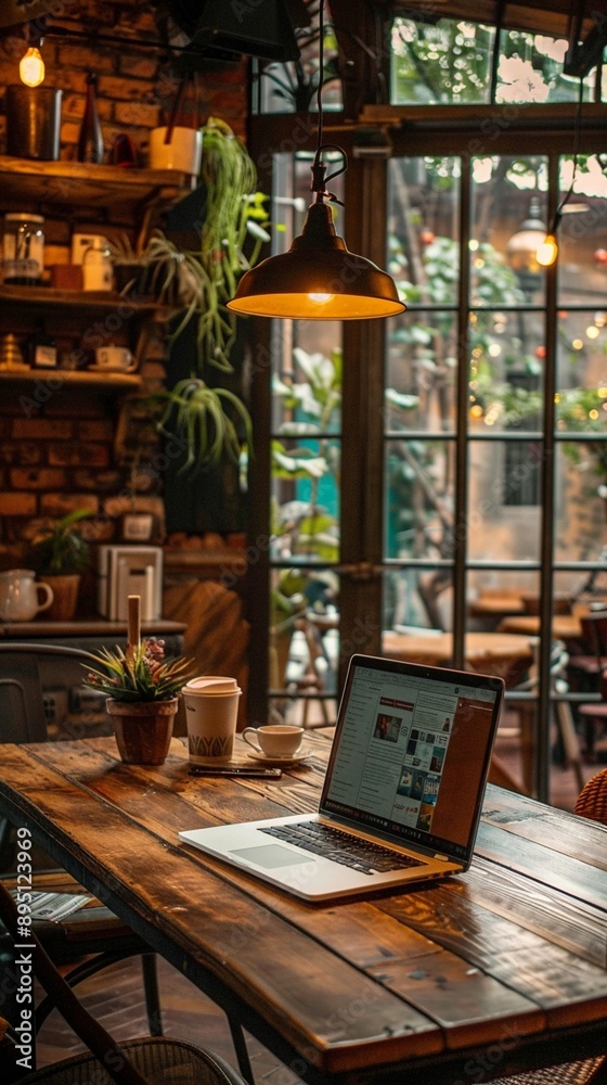 Cozy rustic cafe interior with laptop on wooden table, warm lighting, and lush greenery visible through large windows, perfect for remote work Cozy rustic cafe interior with laptop on wooden table, warm lighting, and lush greenery visible through large windows, perfect for remote work