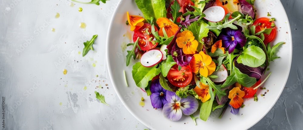 A white plate holds a salad, its surface lined with an array of leafy greens Red, yellow, purple, and orange flowers generously decorate the top A white plate holds a salad, its surface lined with an array of leafy greens Red, yellow, purple, and orange flowers generously decorate the top
