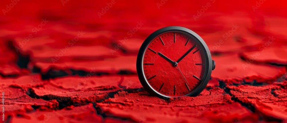 A red clock atop a red textured wall Below it, a red floor continues ...