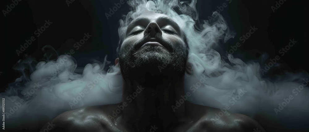  A man in a black-and-white photo with closed eyes and smoke rising from the top of his head