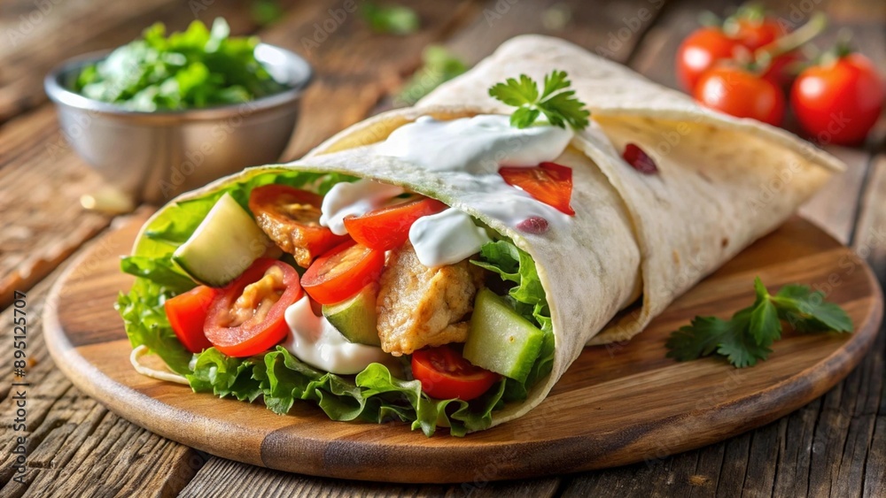 Chicken meat wrapped in pita bread with tomatoes, cucumber, pickled cucumber, salad mix and Greek yogurt sus with grains, on a wooden tray Snack Chicken meat wrapped in pita bread with tomatoes, cucumber, pickled cucumber, salad mix and Greek yogurt sus with grains, on a wooden tray Snack